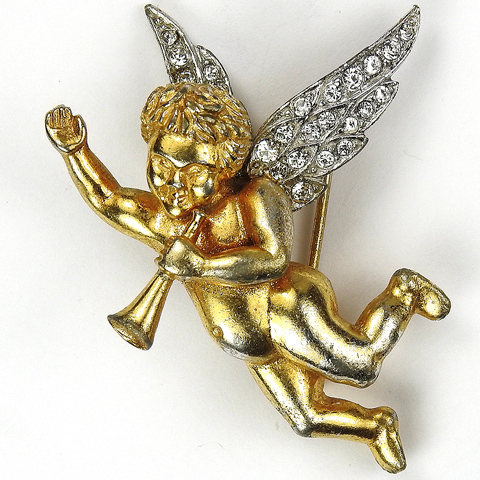 Boucher (also marked Ciro) Silver Winged Golden Cherub Blowing a Horn Pin