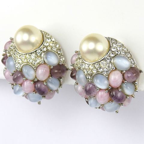 Boucher Pave Pearl and Pastel Cabochons Flower Bud Clip Earrings