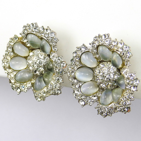 Boucher Pave and Moonstone Cabochons Floral Softouch Clip Earrings
