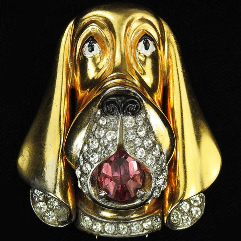 MB Boucher Gold Pave Enamel and Pink Topaz Crystal 'Blotto Dog' Basset Hound Pin