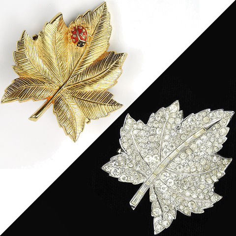 Boucher Reversible Day and Night Ladybug on Gold or Pave Maple Leaf Pin
