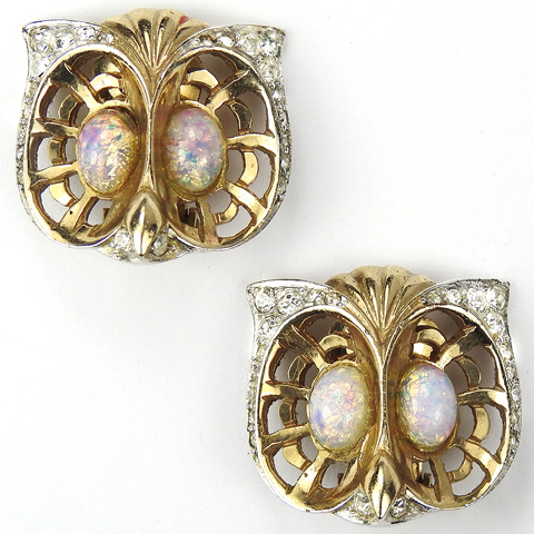 MB Boucher Gold Openwork Pave and Opal Cabochon Owl Clip Earrings