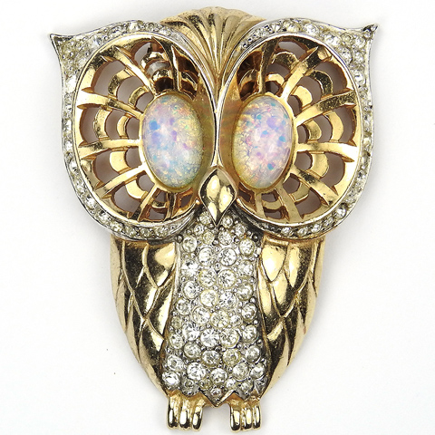 MB Boucher Gold Openwork Pave and Opal Cabochon Owl Pin Clip