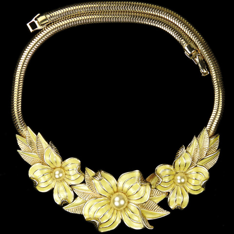 MB Boucher Gold Yellow Metallic Enamel and Pearls Dogwood Flowers Necklace