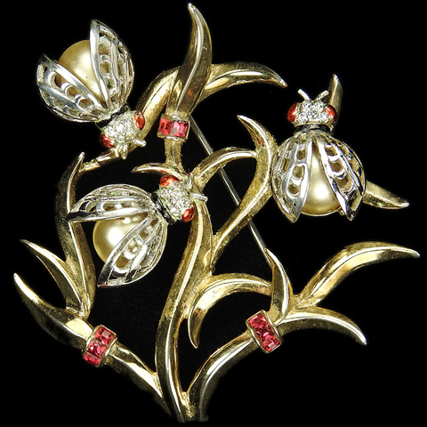 MB Boucher Sterling Gold and Pearls Three Ladybugs on a Branch Pin