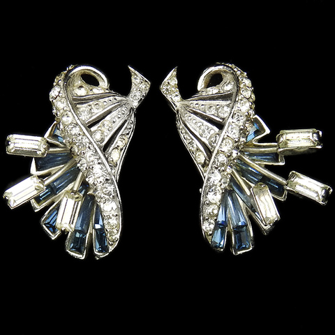 MB Boucher Pave and Sapphire Baguettes Flower with Diamante Stamens Clip Earrings