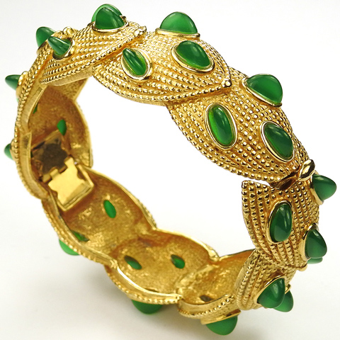 Boucher Braided Gold Shields and Vertically Set Emerald Demilune Cabochons Bangle Cuff Bracelet