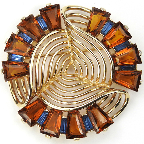 MB Boucher Kite Shape Cut Topaz and Sapphire Baguettes Gold Openwork Swirl Pin
