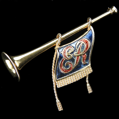 MB Boucher Gold and Metallic Enamel Coronation of Elizabeth II Ceremonial Fanfare Trumpet with Tasselled ER Banner Pin