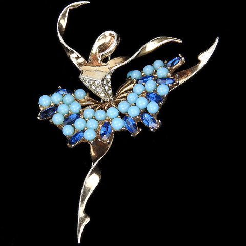 MB Boucher Sterling Gold Pave Turquoise and Sapphire Ballerina en Pointe Ballet Pin