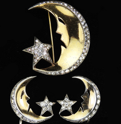MB Boucher Sterling 'In the Arms of the Moon' Gold and Pave Man in the Moon with Star Pin and Screw Back Earrings Set
