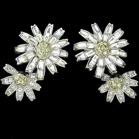Boucher Pave and Baguettes Diamante and Citrine Double Flower Clip Earrings