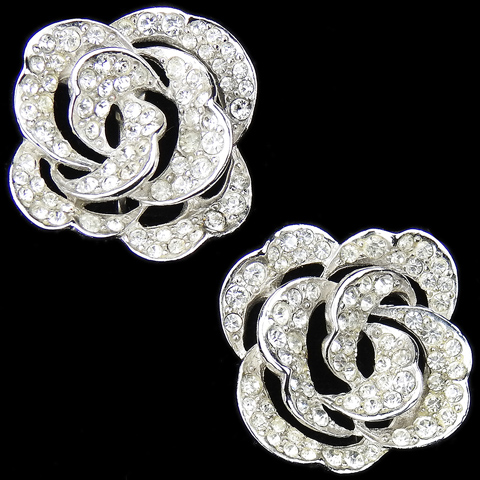 Boucher Diamante Budding Flower Button Clip Earrings