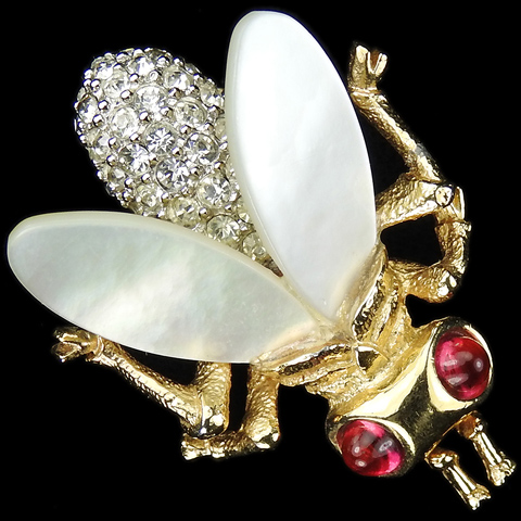 Boucher Gold Pave and Ruby Bug with Mother of Pearl Wings Pin