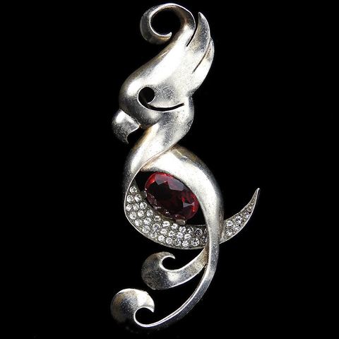 MB Boucher Sterling Pave and Ruby Stylized Parrot Cockatoo Bird Pin