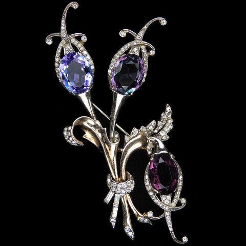 MB Boucher Sterling Dark and Pale Amethyst and Alexandrite Triple Flowers Triffid Pin