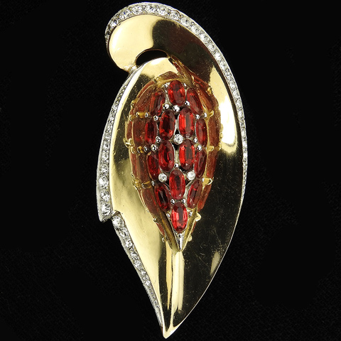 MB Boucher Gold Pave and Ruby Navettes Leaf Swirl Pin Clip