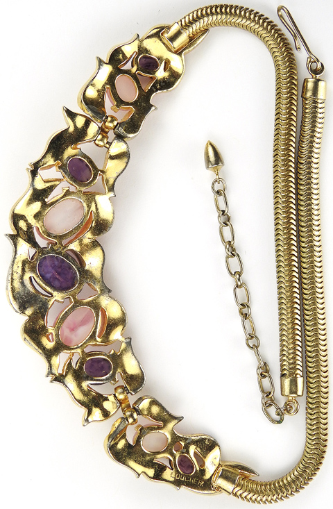 Boucher Golden Leaf Swirls, Amethyst and Pink Quartz Cabochons Necklace