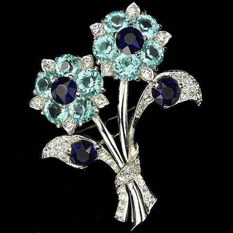 MB Boucher Pave Aquamarine and Sapphire Two Flower Floral Spray Pin