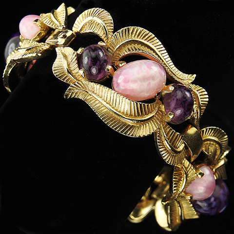 Boucher Gold Leaf Swirls, Amethyst and Pink Quartz Cabochons Bracelet