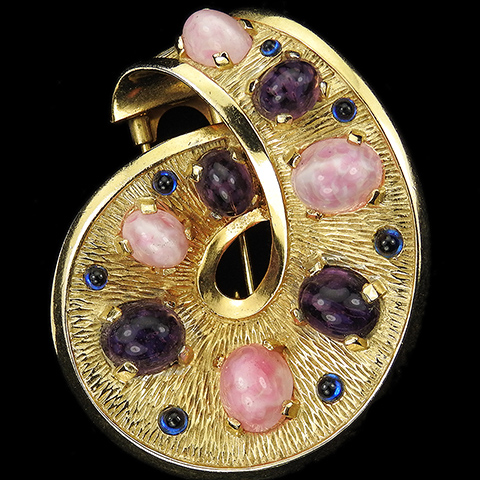 Boucher 'Oriental Gleam' Gold Amethyst Pink Quartz and Sapphire Cabochons Bow Swirl Pin Clip