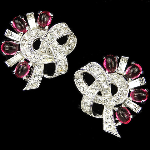 Boucher Pave Baguettes and Ruby Cabochons Bowknot Clip Earrings