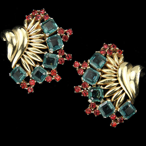 Boucher Gold Square Cut Dark Emerald and Ruby Spangles Matched Pair of Floral Spray Pin Clips