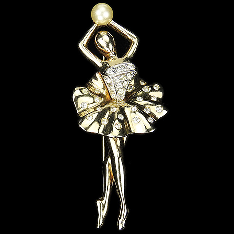 Boucher Gold and Pave Ballerina in a Spangled Tutu Holding up a Pearl Ballet Pin