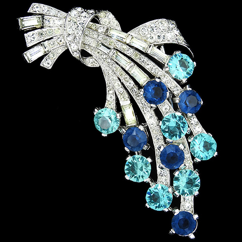 MB Boucher 'Décolletage' Pave Baguettes Sapphire and Aquamarine Chatons Floral Spray with Bow Pin Clip
