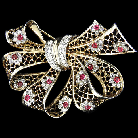 MB Boucher Sterling Gold Filigree and Pave and Ruby Cabochon Flowers Bowknot Bow Swirl Pin