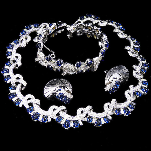 Boucher Sapphire Cabochons and Diamante Baguettes Pave Interlinked Bows Choker Necklace Bracelet and Sunburst Clip Earrings Set
