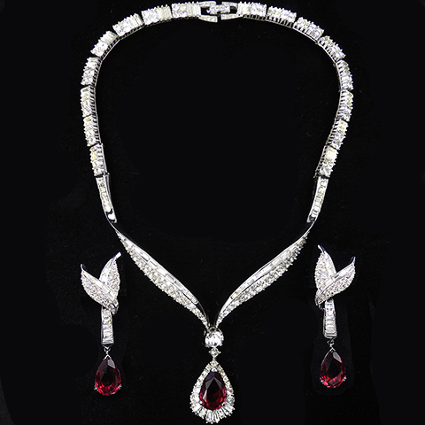 Boucher Pave Baguettes and Teardrop Rubies Collar Necklace and Pendant Clip Earrings Set