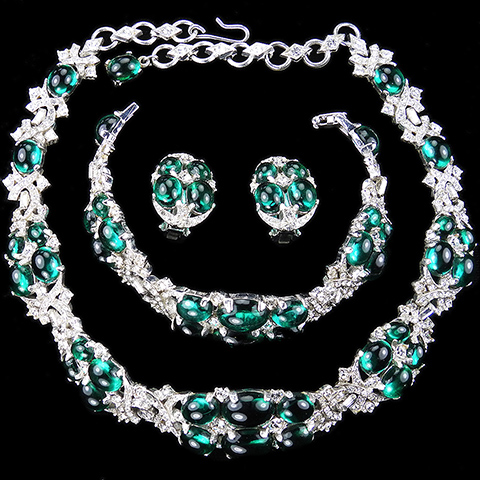 Boucher (unsigned) Pave and Emerald Cabochons Necklace Bracelet and Clip Earrings Set