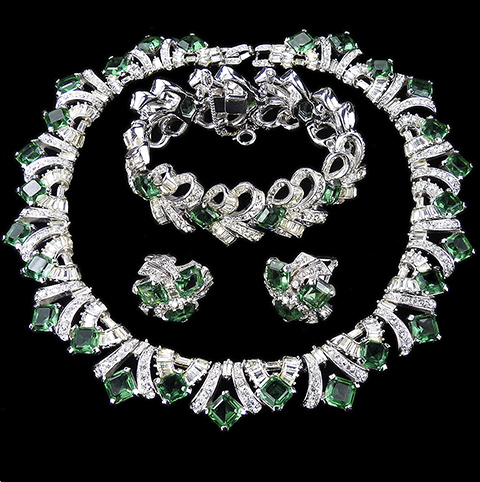 Boucher Square Cut Peridots and Diamante Baguette Bow Swirls Collar Necklace Bracelet and Button Clip Earrings Set