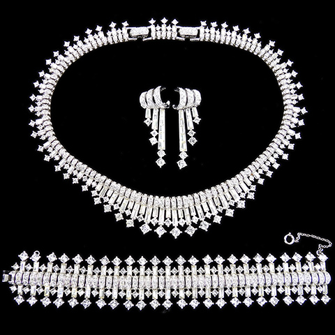 Boucher Diamante Pave and Baguettes Fishbone Pattern Collar Necklace Wide Bracelet and Pendant Swirl Clip Earrings Set
