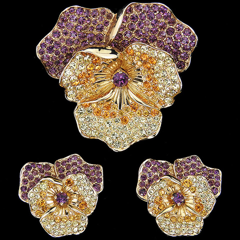Boucher Gold Jonquil Topaz and Amethyst Pansy Flower Pin and Clip Earrings Set
