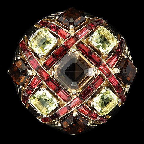 MB Boucher 'Jewels of Fantasy' Gold, Citrine, Topaz and Ruby Baguettes Checkerboard Button Pin Clip