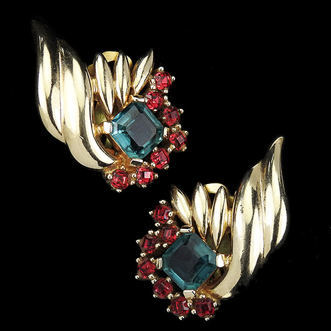 Boucher Gold Leaves Square Cut Dark Emerald and Ruby Spangles Clip Earrings