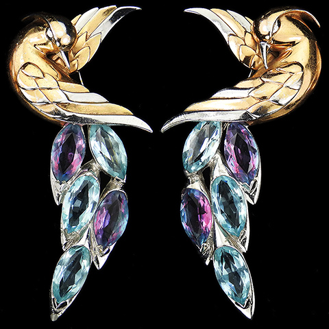 MB Boucher Gold and Silver Matched Pair of Giant Birds of Paradise with Openwork Faceted Aquamarine and Alexandrite Tails Pins