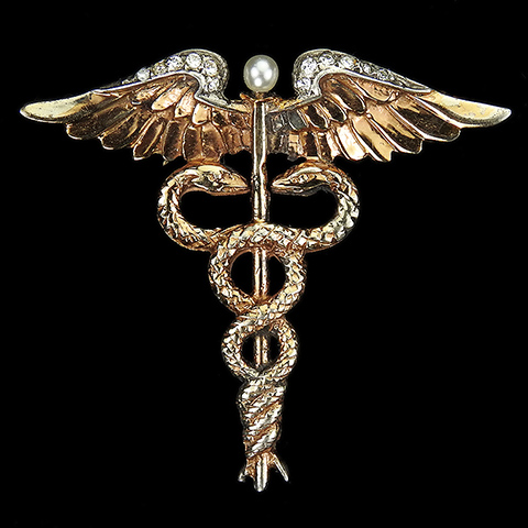 MB Boucher Sterling Gold Pave and Pearl WW2 Patriotic US Army Medical Corps Caduceus Insignia Pin