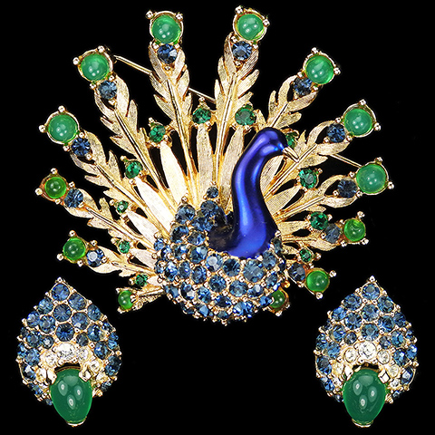 Boucher Gold Sapphire Emeralds and Metallic Enamel Peacock Bird Pin and Clip Earrings Set