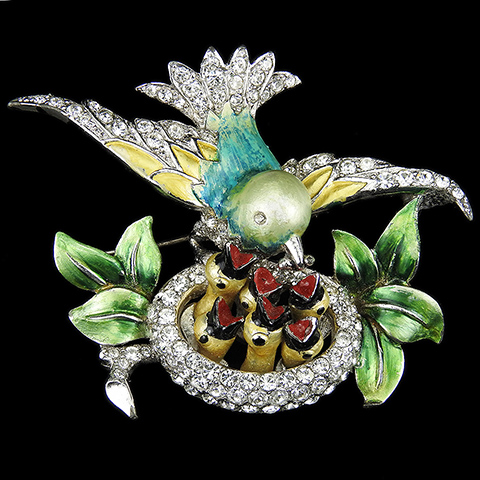 MB Boucher Pave and Metallic Enamel Mother Bird on Nest Feeding her Chicks Pin