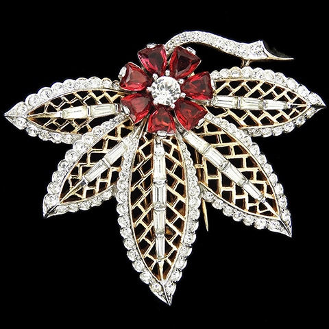 MB Boucher Gold and Pave Ruby Flower on Openwork Leaf Pin Clip