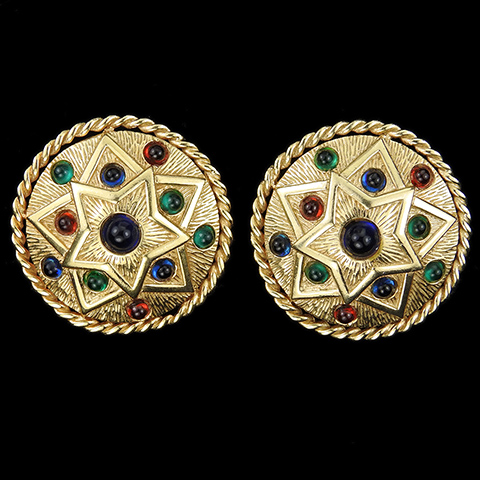 MB Boucher Serrated Gold and Multicolour Cabochons Circular Shield Clip Earrings