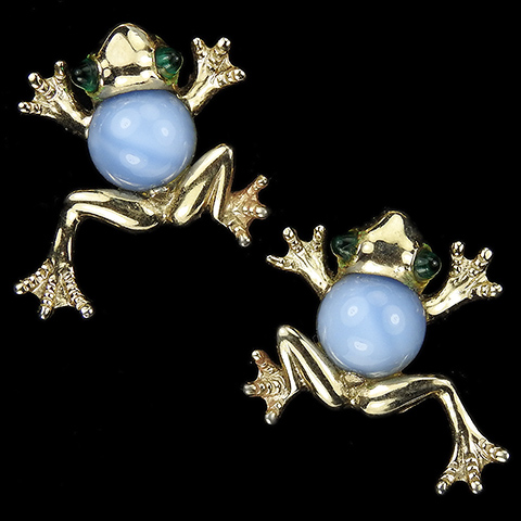 MB Boucher Gold Openwork Blue Moonstone and Emerald Cabochons Large Tree Frog Clip Earrings