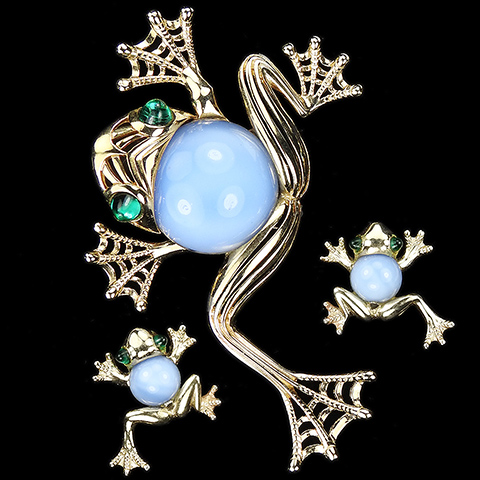 MB Boucher Gold Openwork Blue Moonstone and Emerald Cabochons Large Tree Frog Pin Clip and Clip Earrings Set