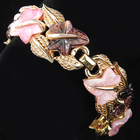 Boucher Gold Pink Quartz and Amethyst Poured Glass Ivy Leaves Bracelet