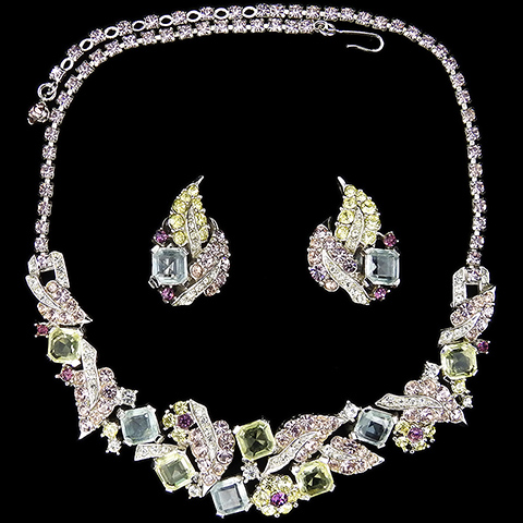 Boucher 'Fleurette' Silver and Square Cut Jonquils Alexandrites Peridot and Amethyst Flowers and Leaves Floral Choker Necklace and Clip Earrings Set