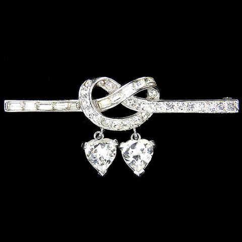 Boucher Pave and Baguettes Bar Pin with Bowknot and Two Pendant Diamond Hearts Pin