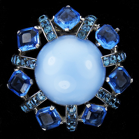 MB Boucher Blue Moonstone Cabochons Square Cut Blue Topaz and Invisibly Set Sapphires Circle Pin Clip